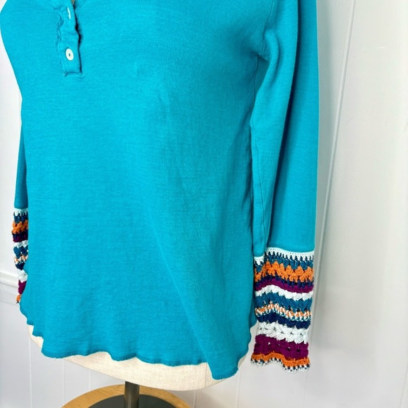 Sundance Henley Sweater Top Teal Blue Crochet Cuffs Boho Women’s Size Medium - Picture 6 of 8